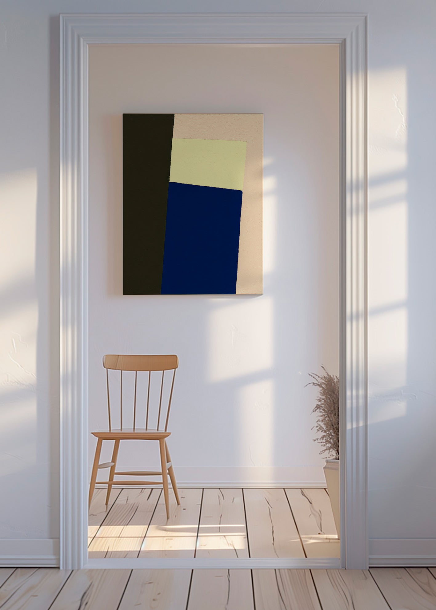 Quadro geometrico con blocco blu verticale