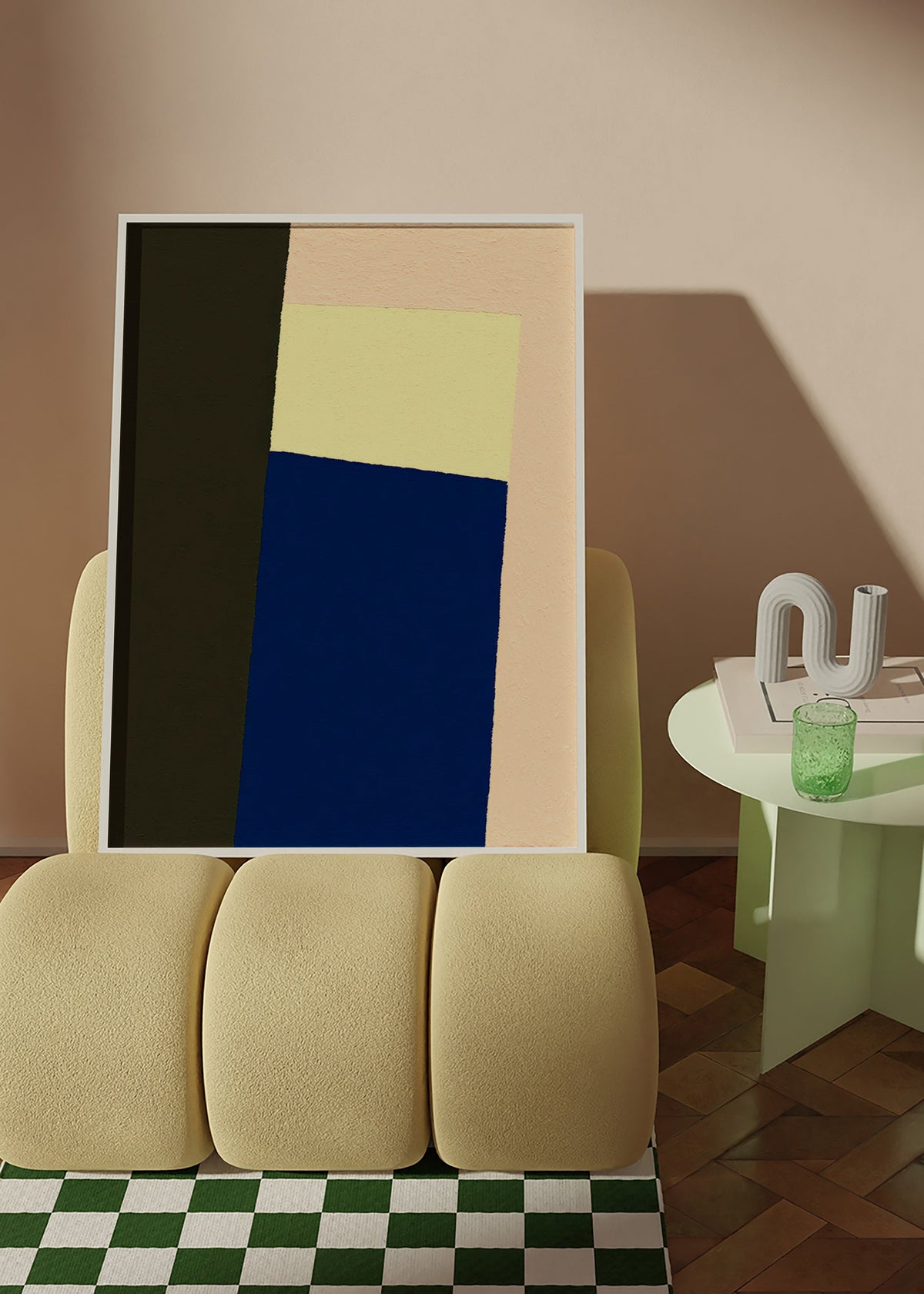 Quadro geometrico con blocco blu verticale