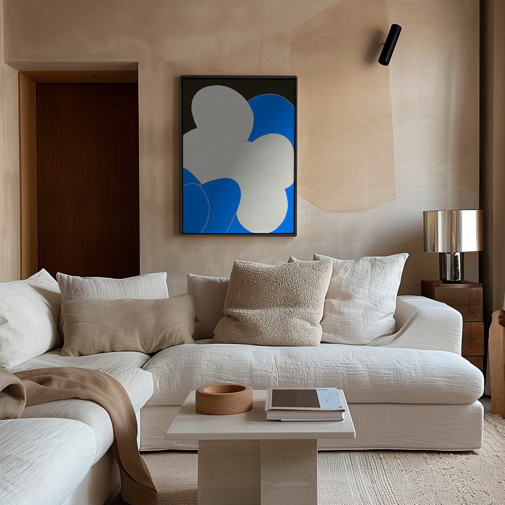 Quadro astratto con forme organiche blu e bianco