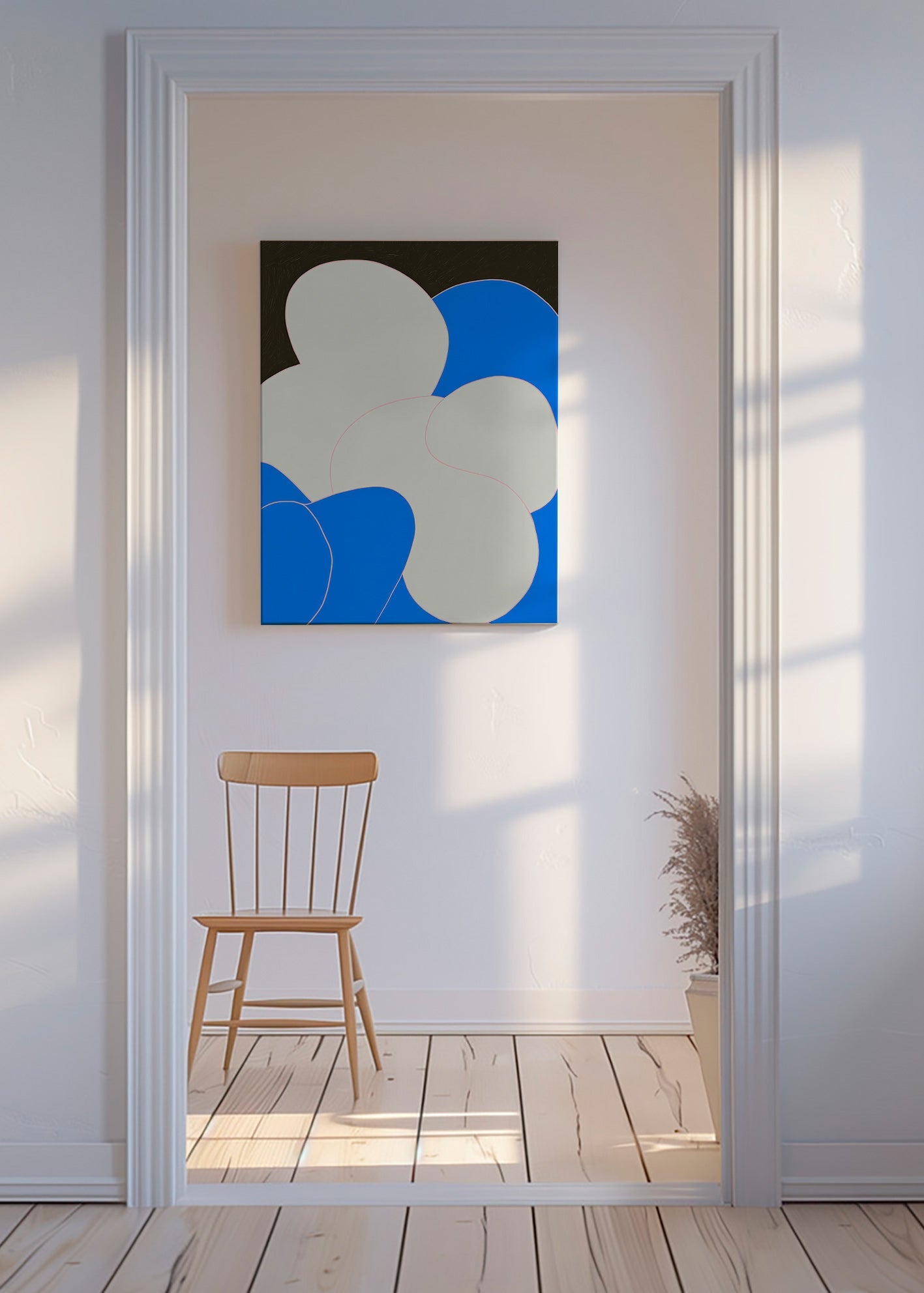 Quadro astratto con forme organiche blu e bianco