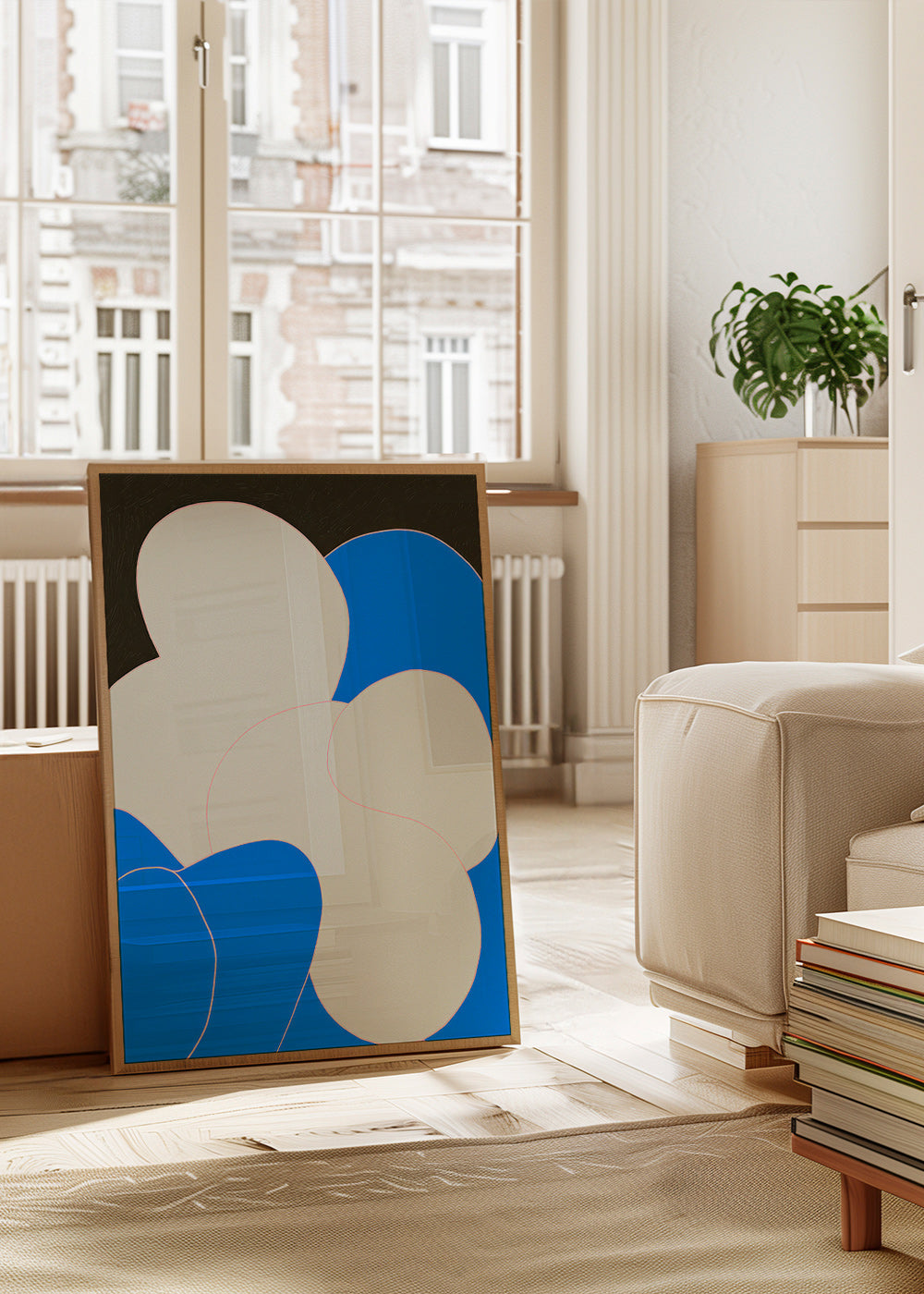 Quadro astratto con forme organiche blu e bianco
