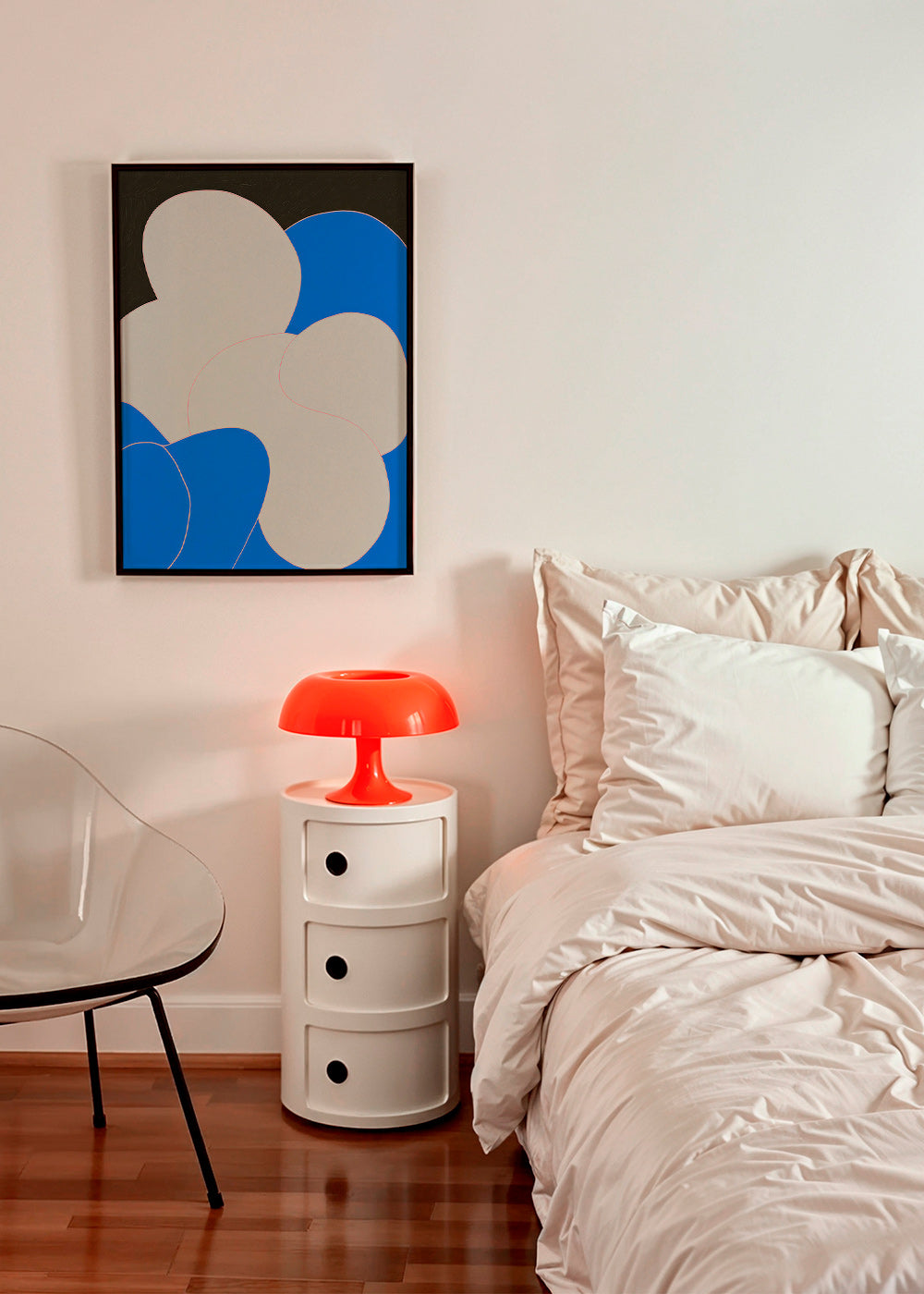 Quadro astratto con forme organiche blu e bianco