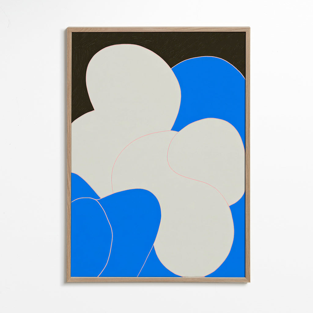 Quadro astratto con forme organiche blu e bianco