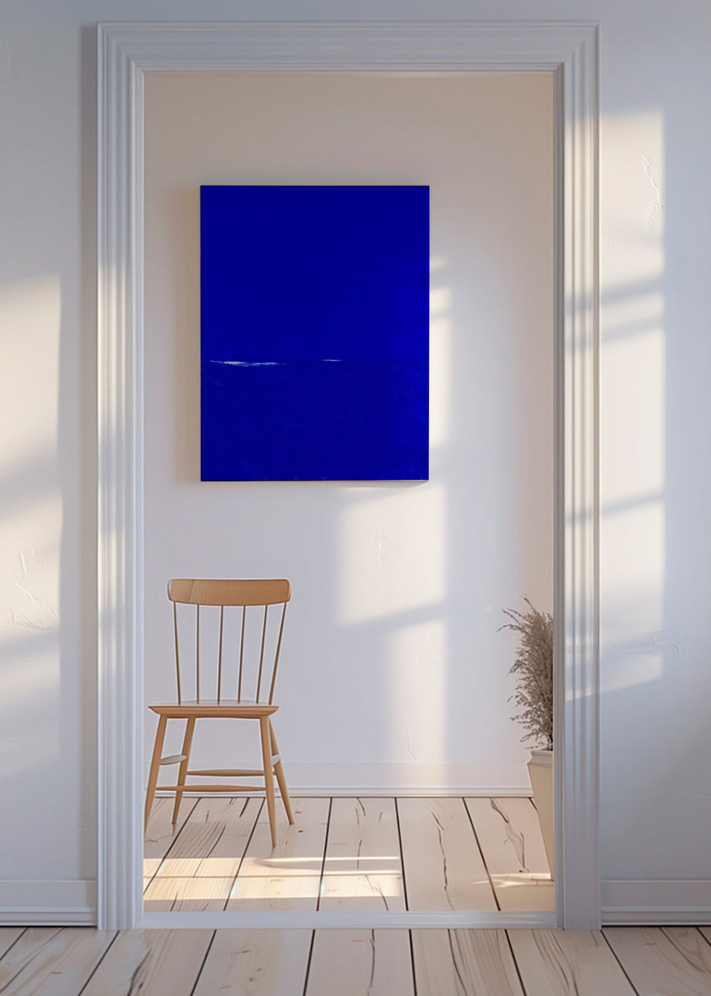 Quadro astratto blu con orizzonte sottile