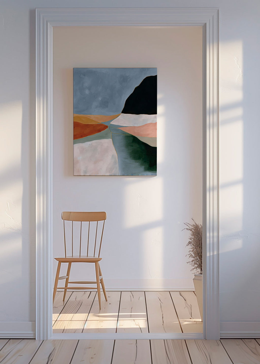 Quadro paesaggio: valle e fiume in toni caldi