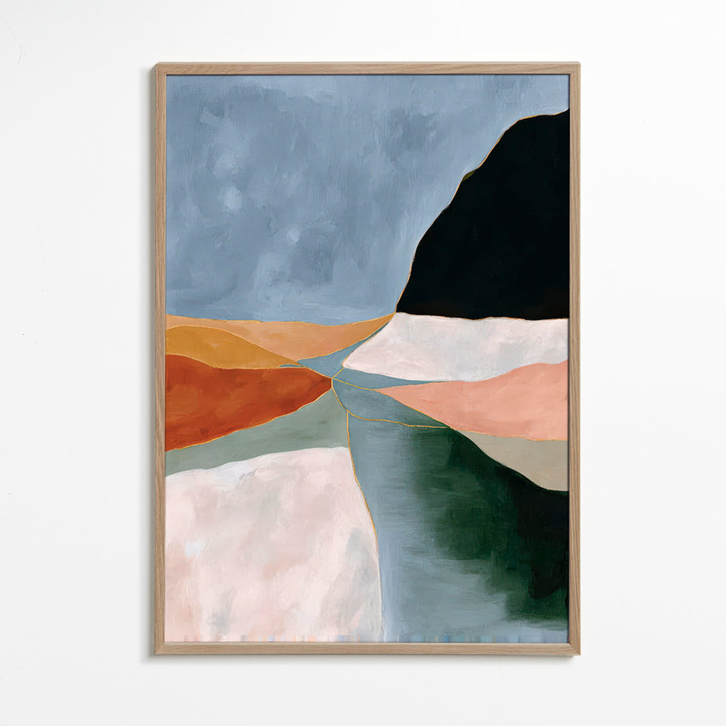 Quadro paesaggio: valle e fiume in toni caldi