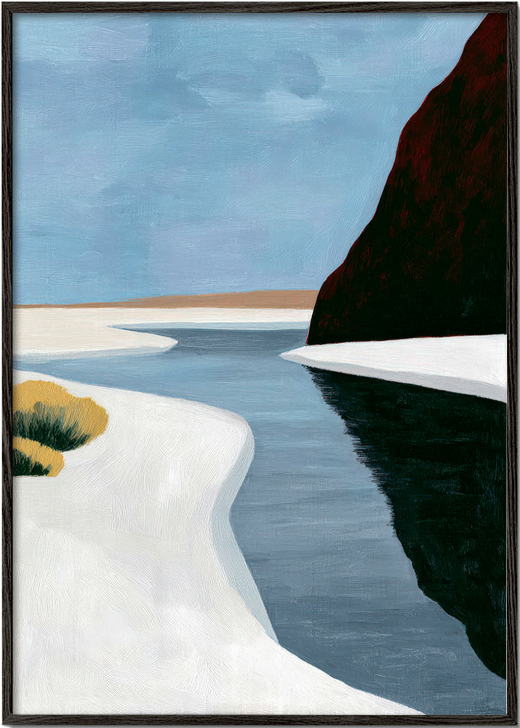 Arte paesaggistica: estuario minimalista con scogliera scura