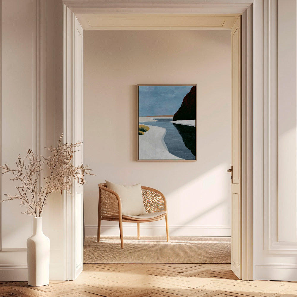 Arte paesaggistica: estuario minimalista con scogliera scura