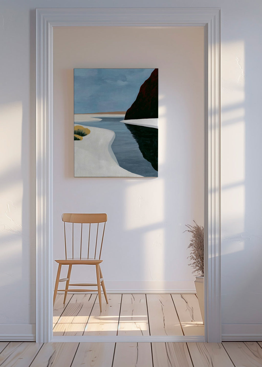 Arte paesaggistica: estuario minimalista con scogliera scura