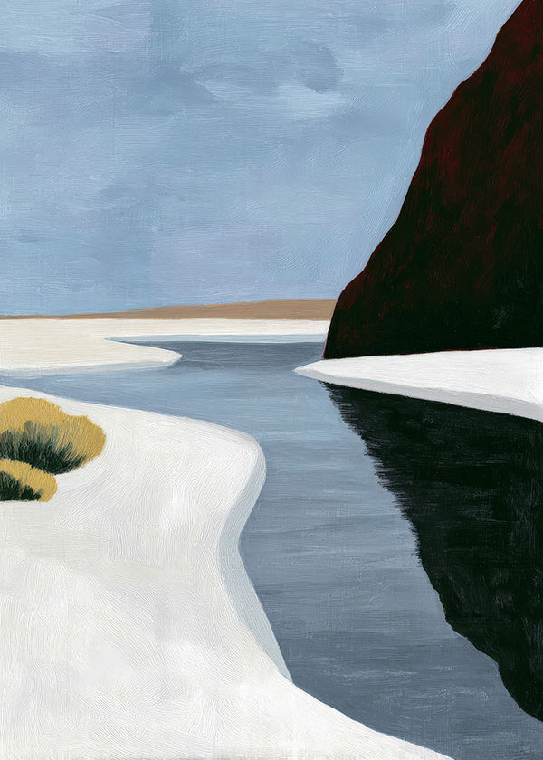 Arte paesaggistica: estuario minimalista con scogliera scura
