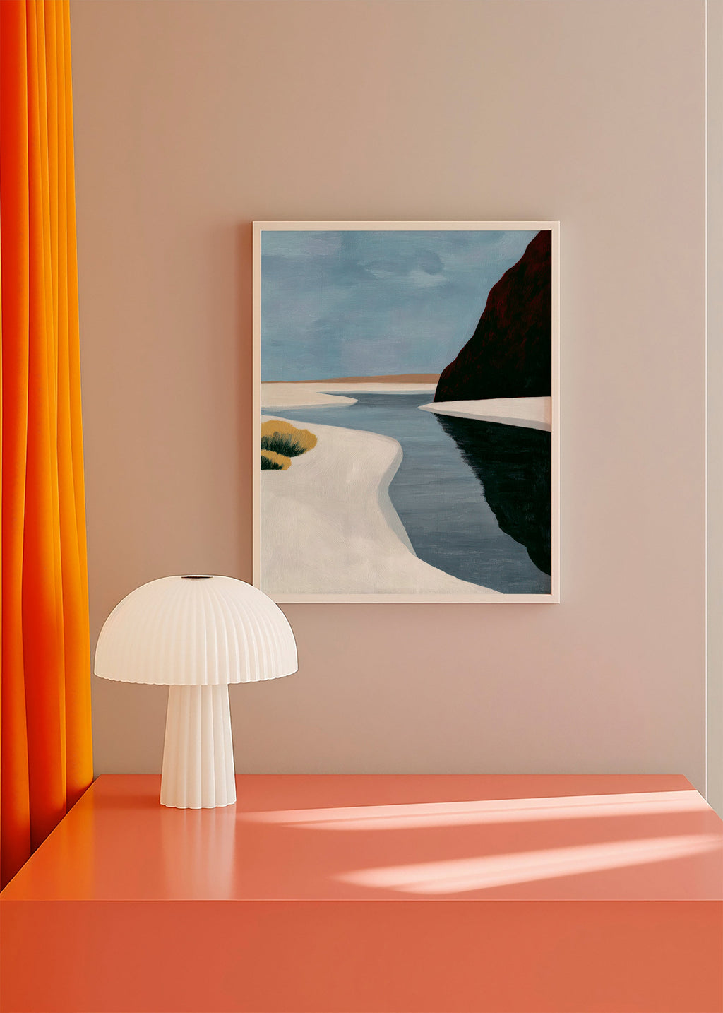 Arte paesaggistica: estuario minimalista con scogliera scura