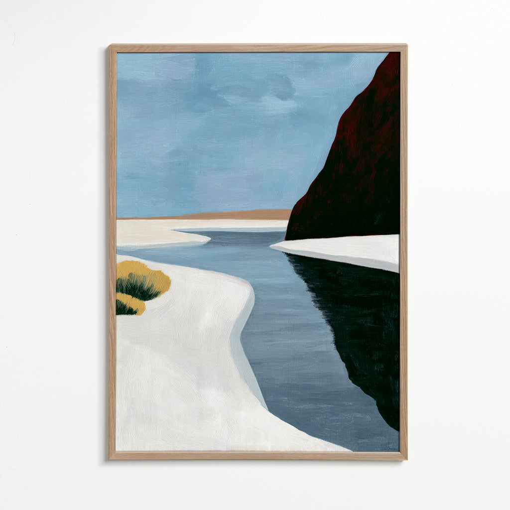 Arte paesaggistica: estuario minimalista con scogliera scura