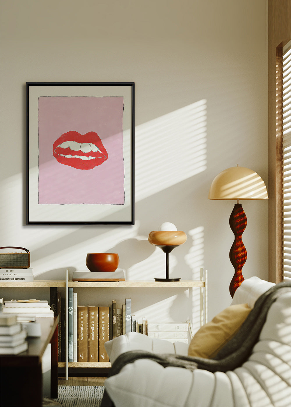 Illustrazione labbra rosse su sfondo rosa
