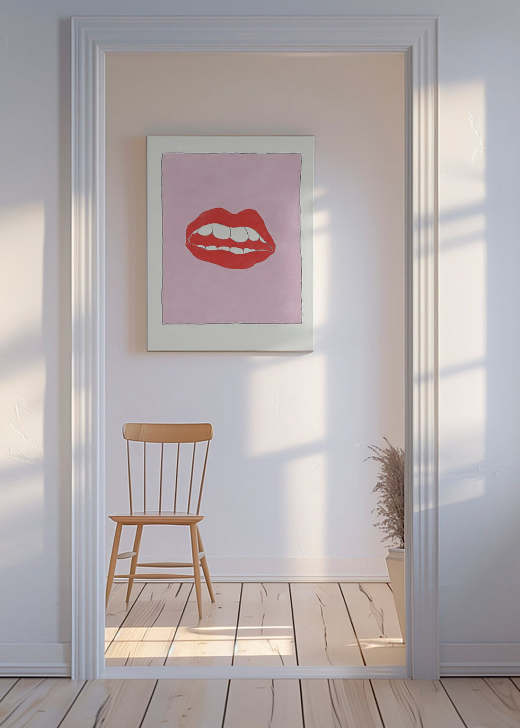 Illustrazione labbra rosse su sfondo rosa