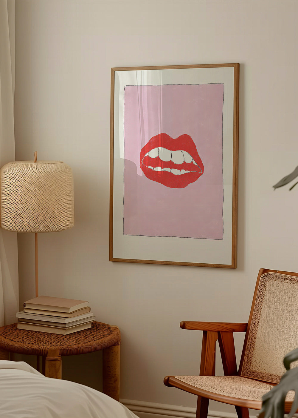 Illustrazione labbra rosse su sfondo rosa