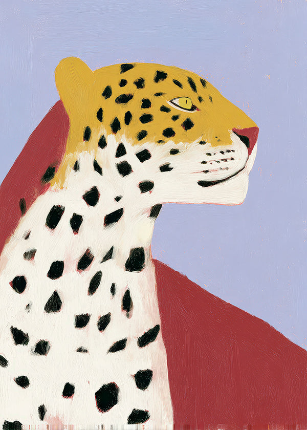 Leopardo di profilo su sfondo lavanda