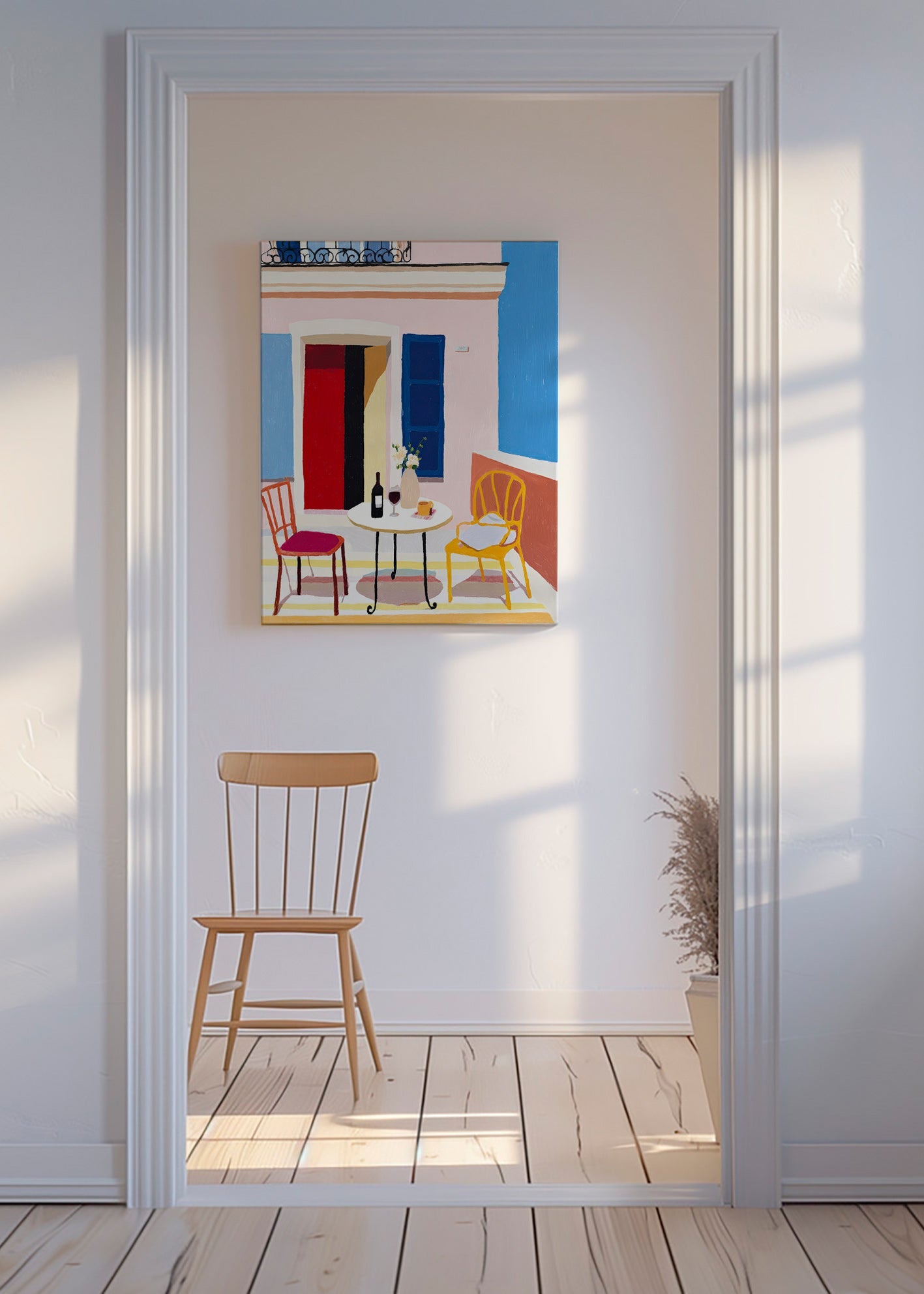 Arte da cucina: balcone italiano con tavolo e vino