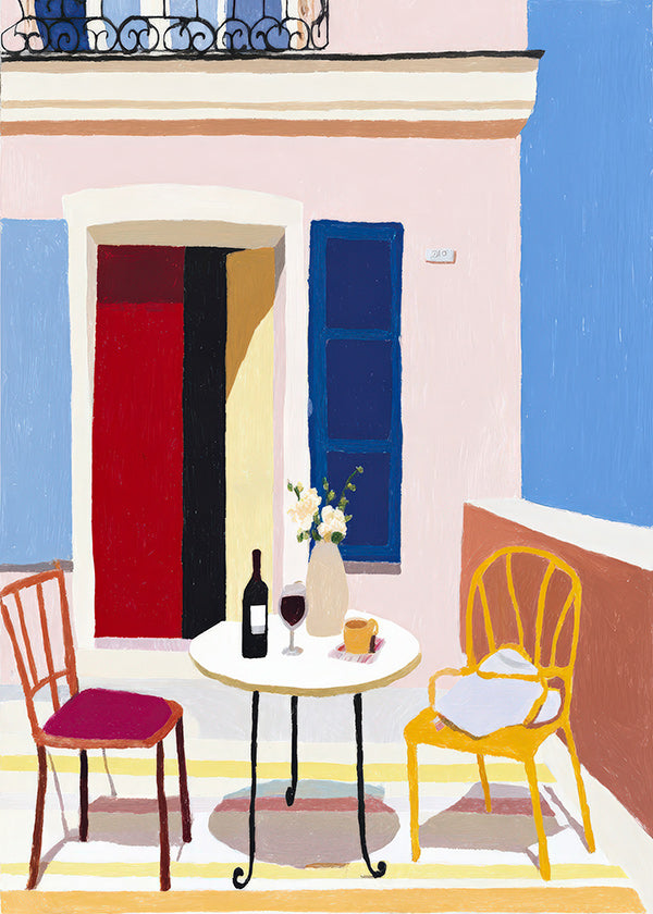 Arte da cucina: balcone italiano con tavolo e vino