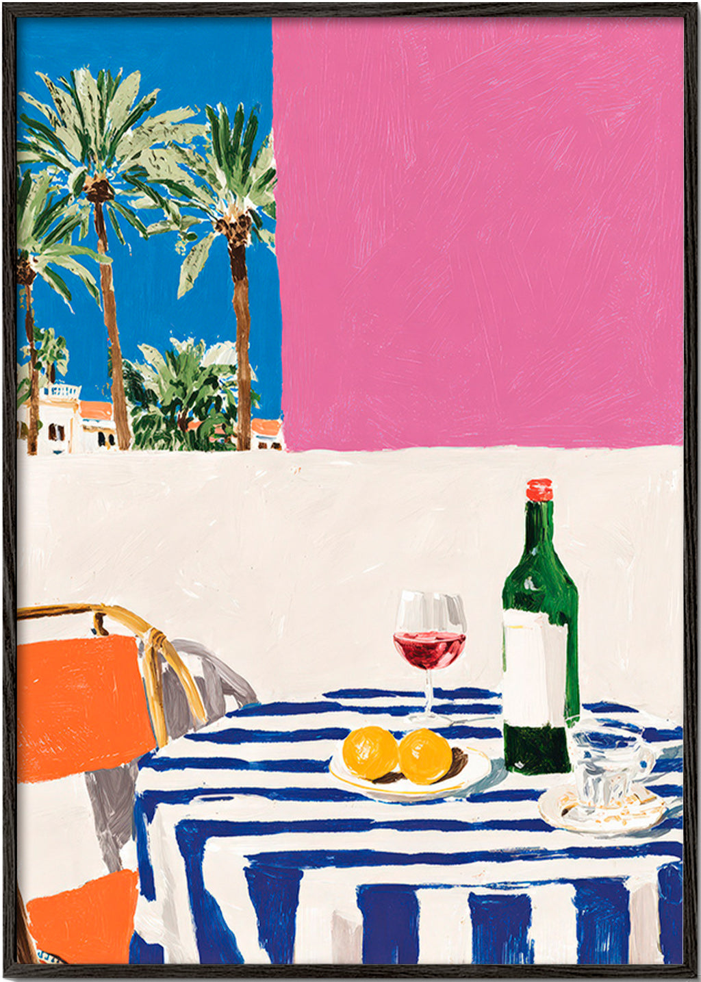 Arte da cucina con tavolo a righe, vino e palme
