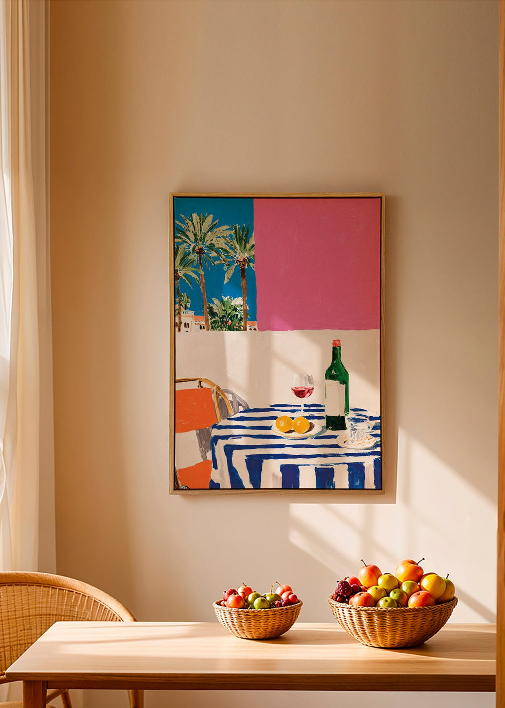 Arte da cucina con tavolo a righe, vino e palme