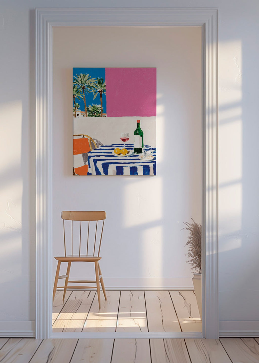 Arte da cucina con tavolo a righe, vino e palme