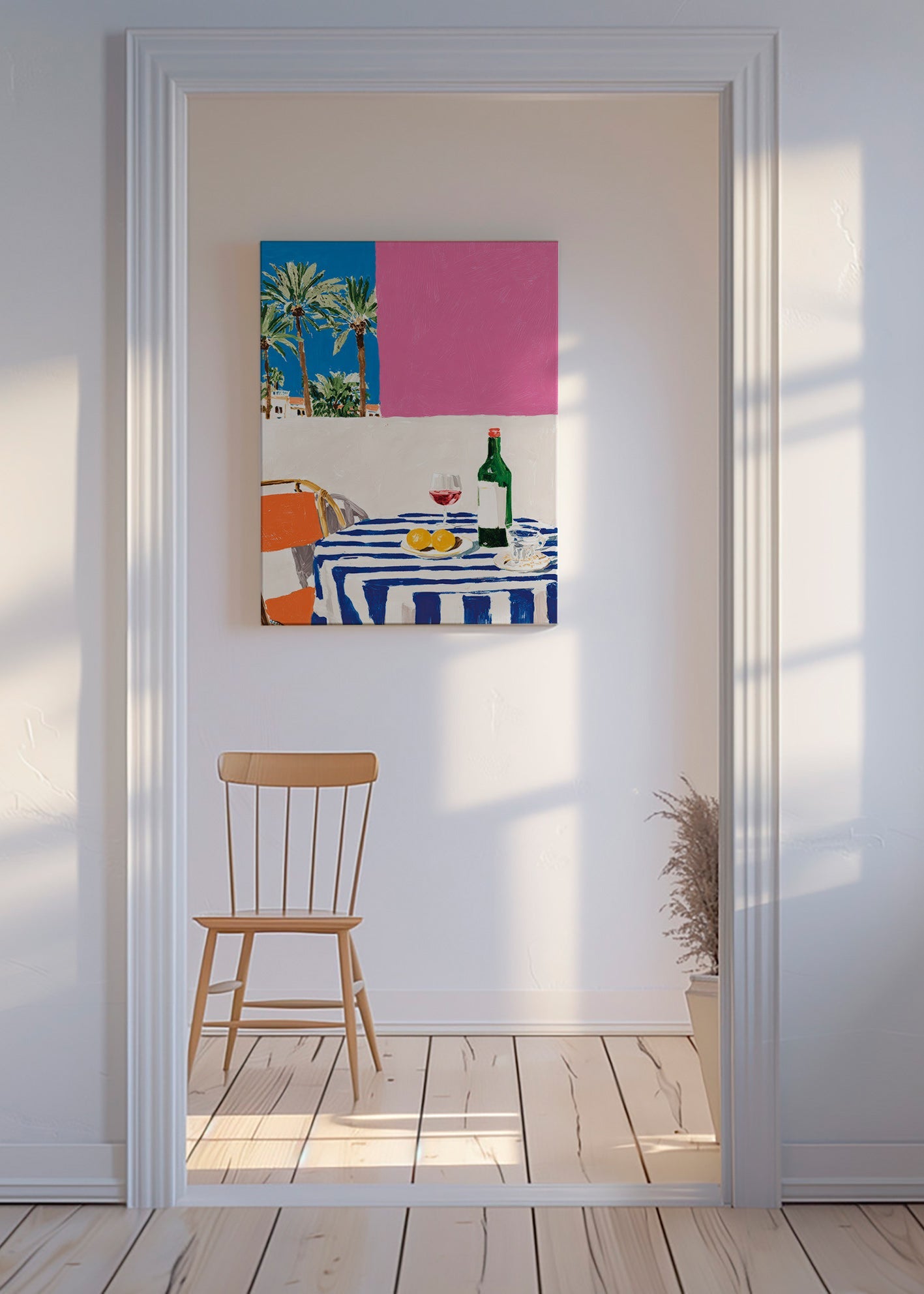 Arte da cucina con tavolo a righe, vino e palme