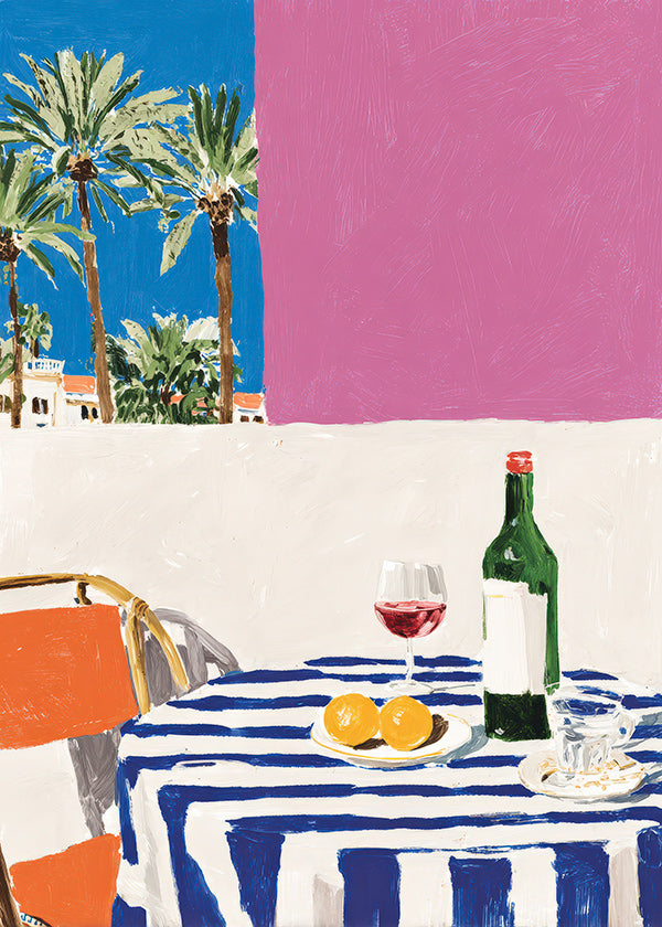 Arte da cucina con tavolo a righe, vino e palme