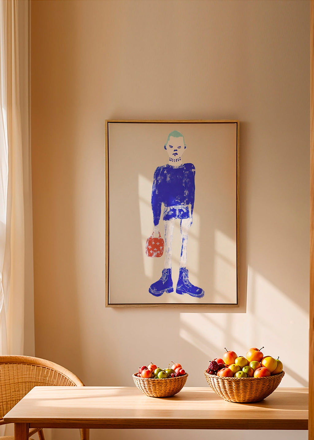 Illustrazione figura blu con borsa