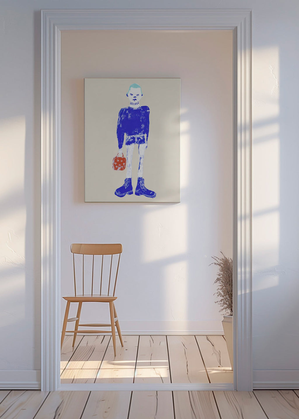 Illustrazione figura blu con borsa