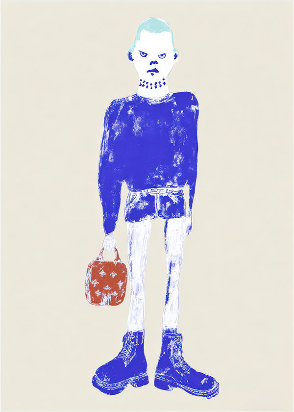 Illustrazione figura blu con borsa