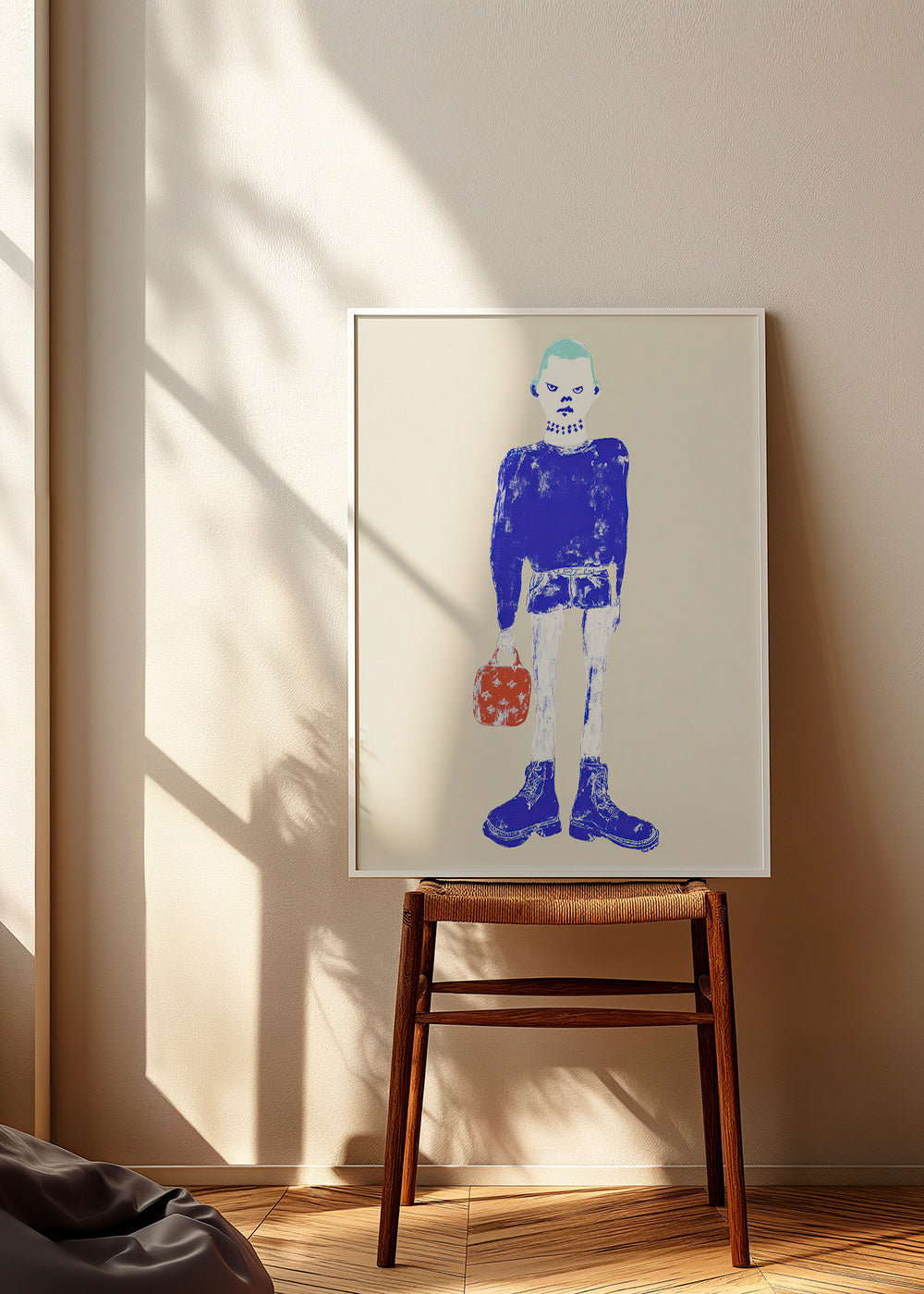 Illustrazione figura blu con borsa
