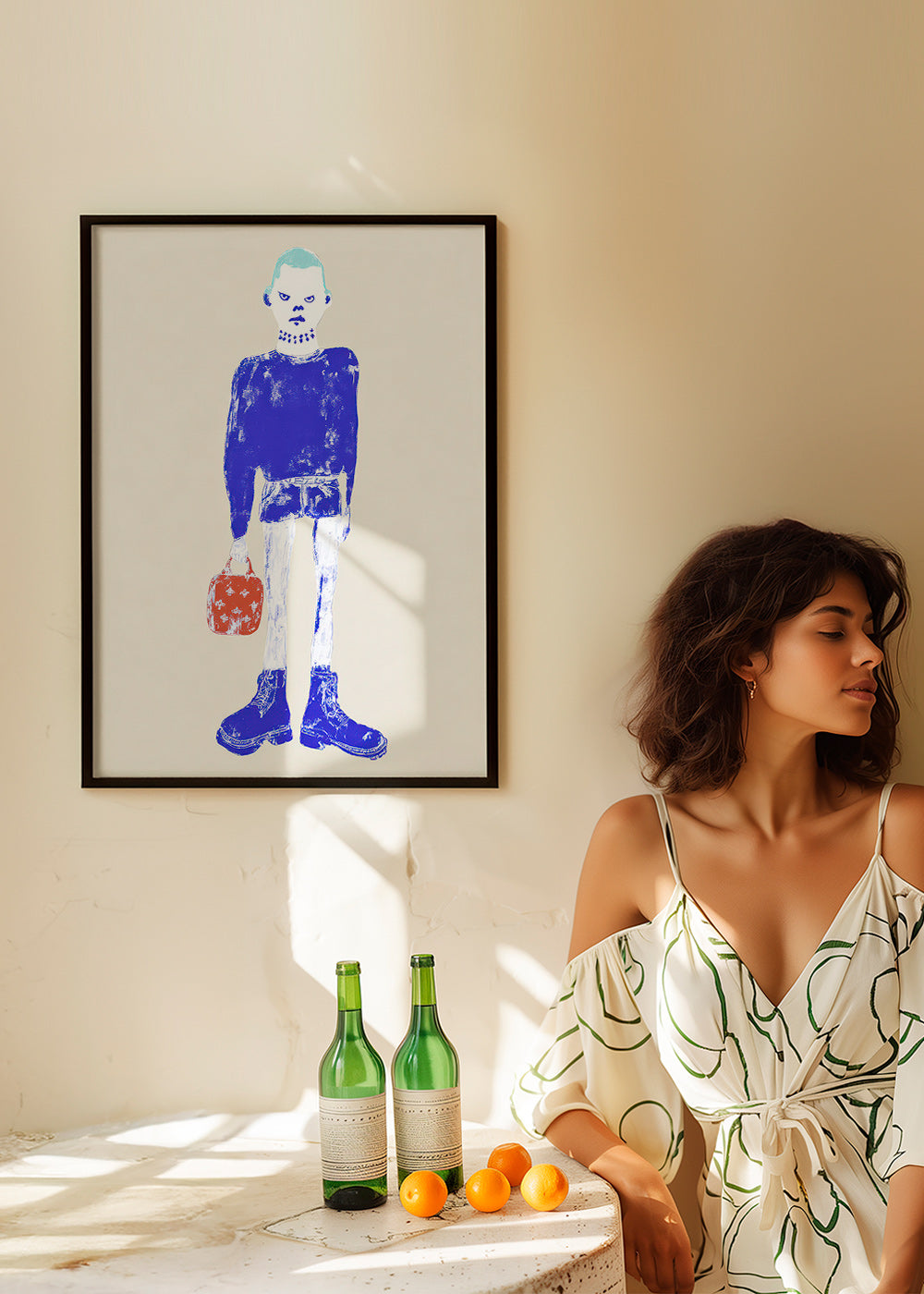 Illustrazione figura blu con borsa