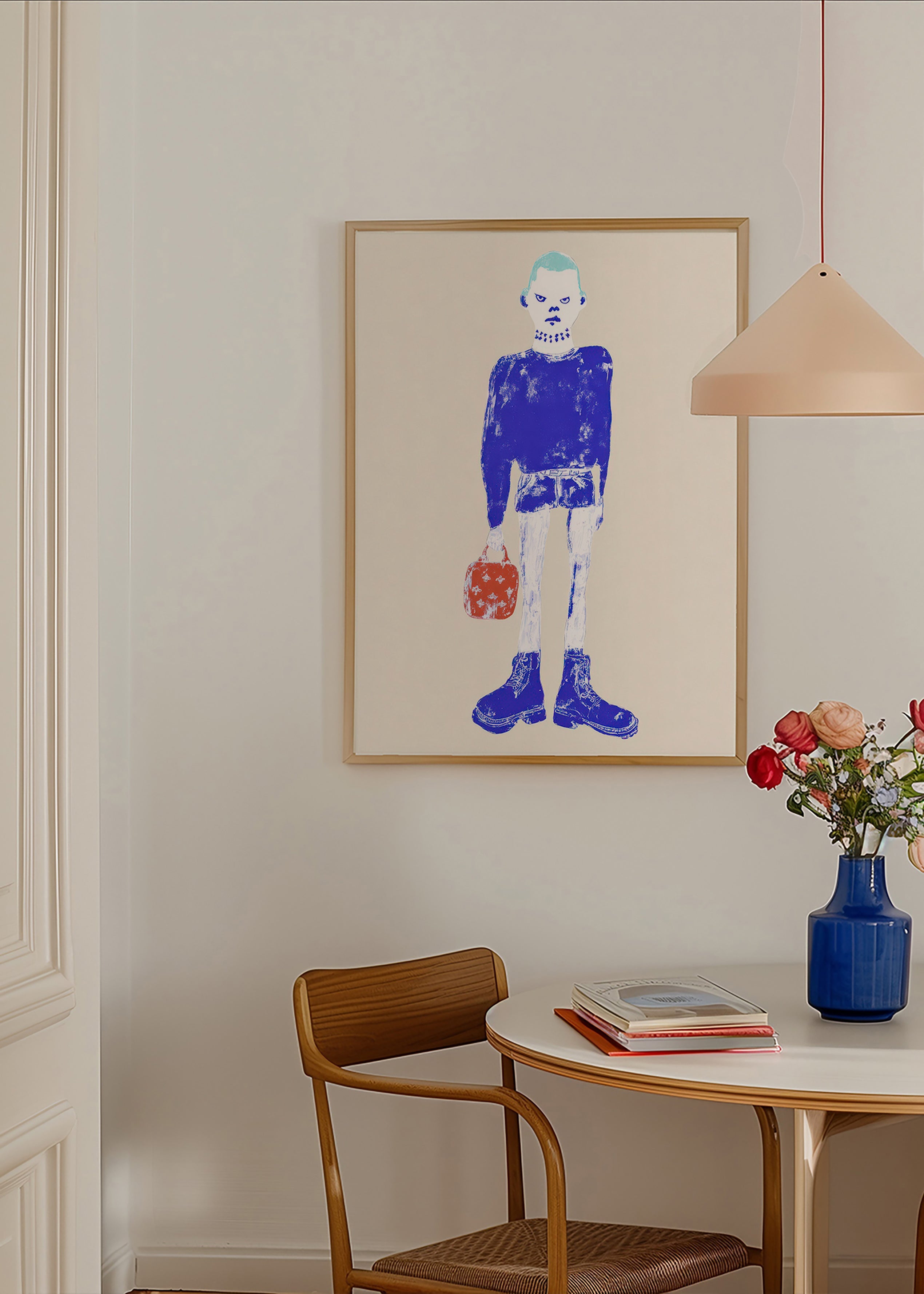 Illustrazione figura blu con borsa