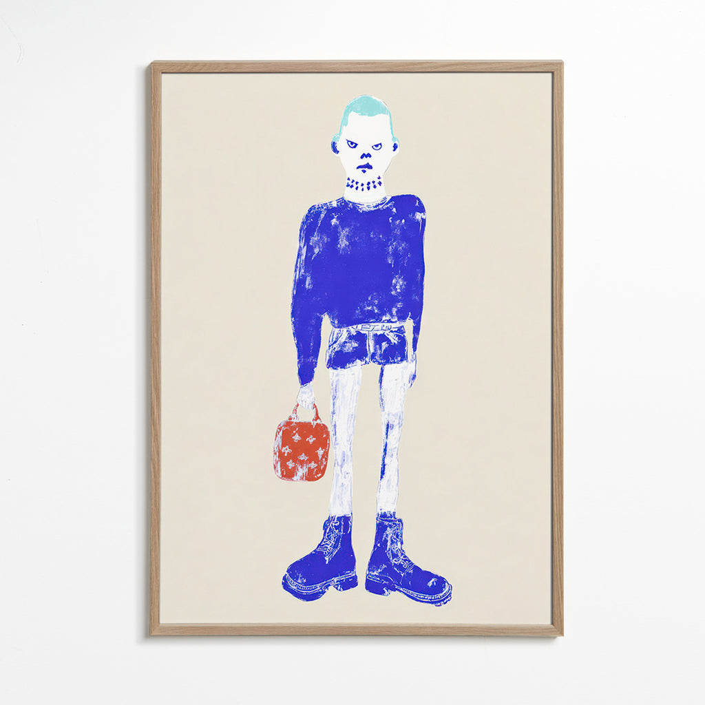Illustrazione figura blu con borsa