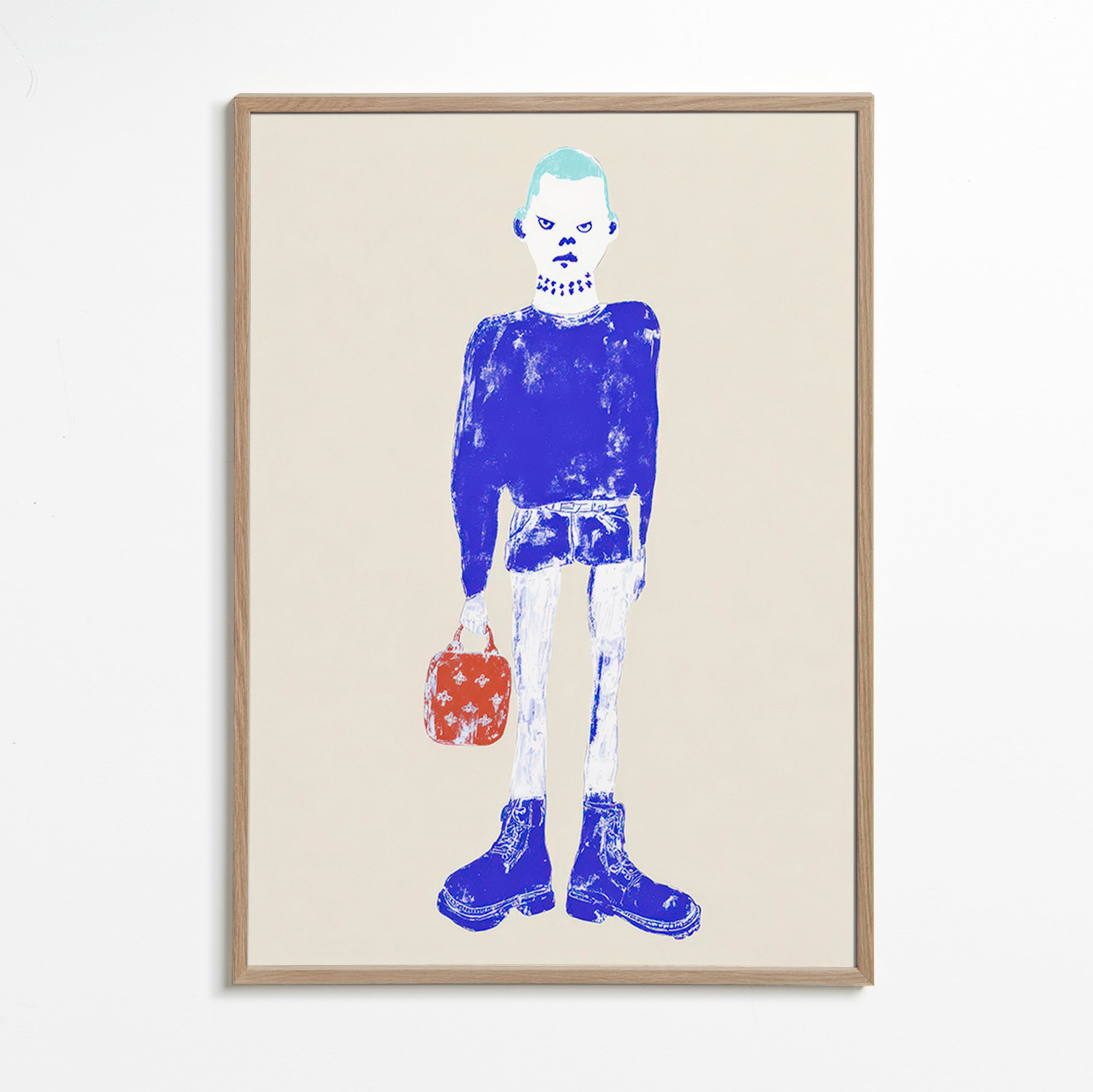 Illustrazione figura blu con borsa