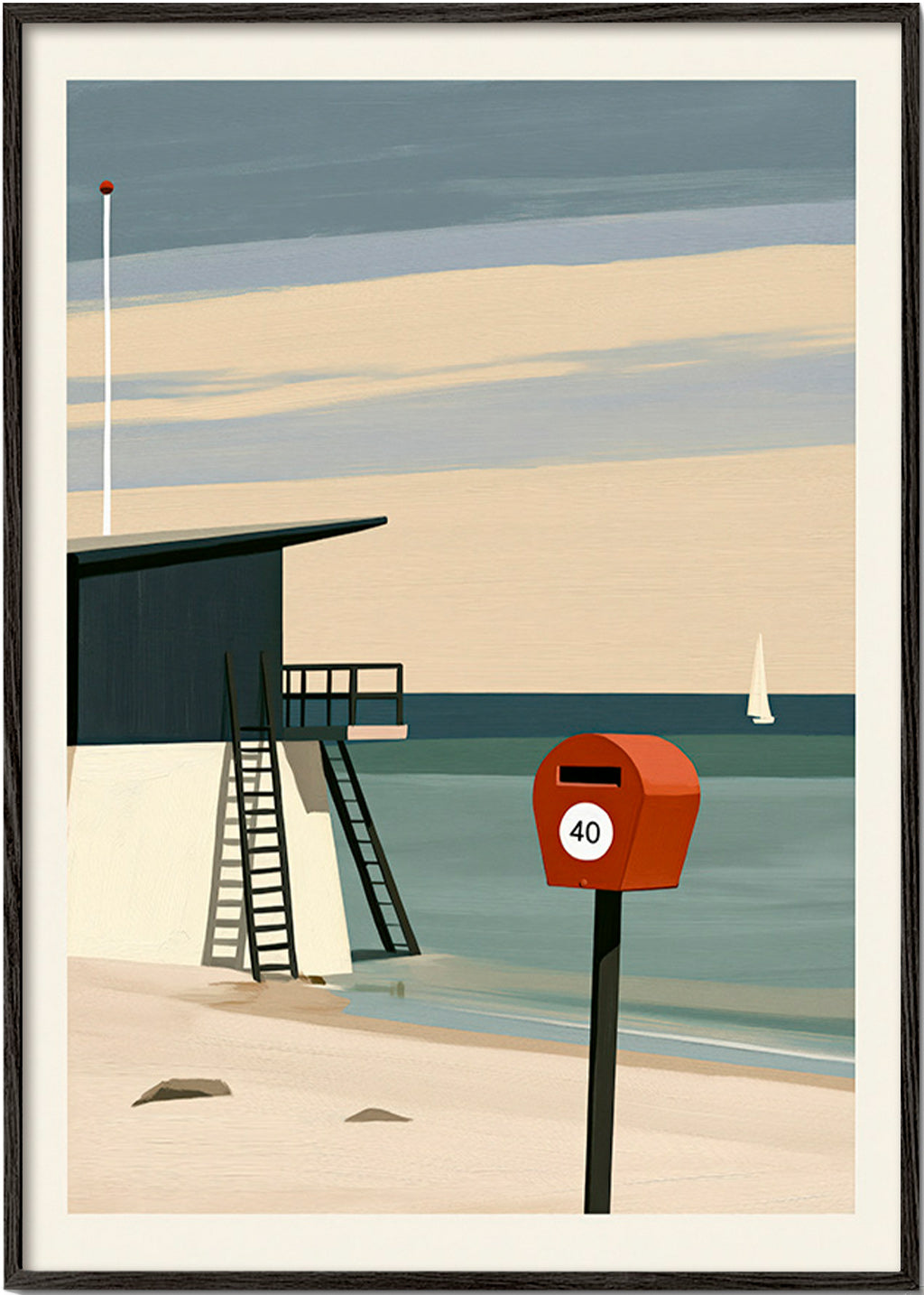 Quadro paesaggio con torre di vedetta e cassetta rossa