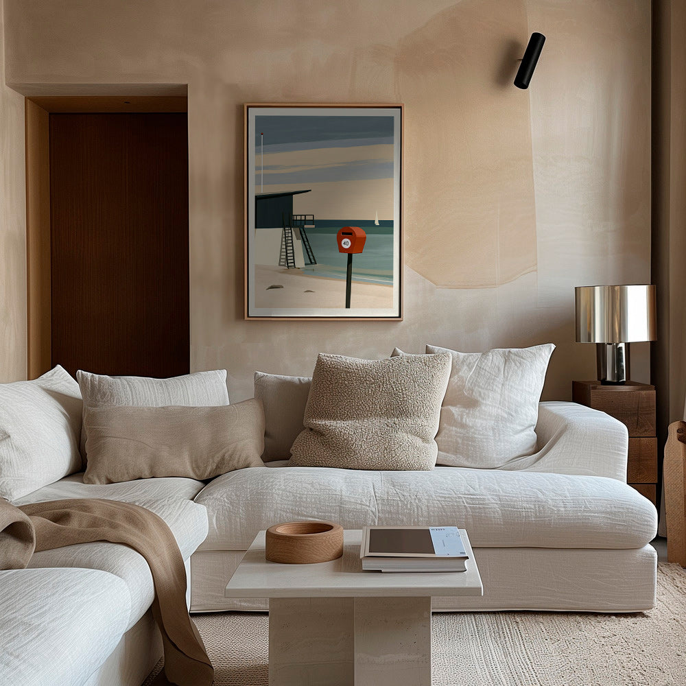Quadro paesaggio con torre di vedetta e cassetta rossa