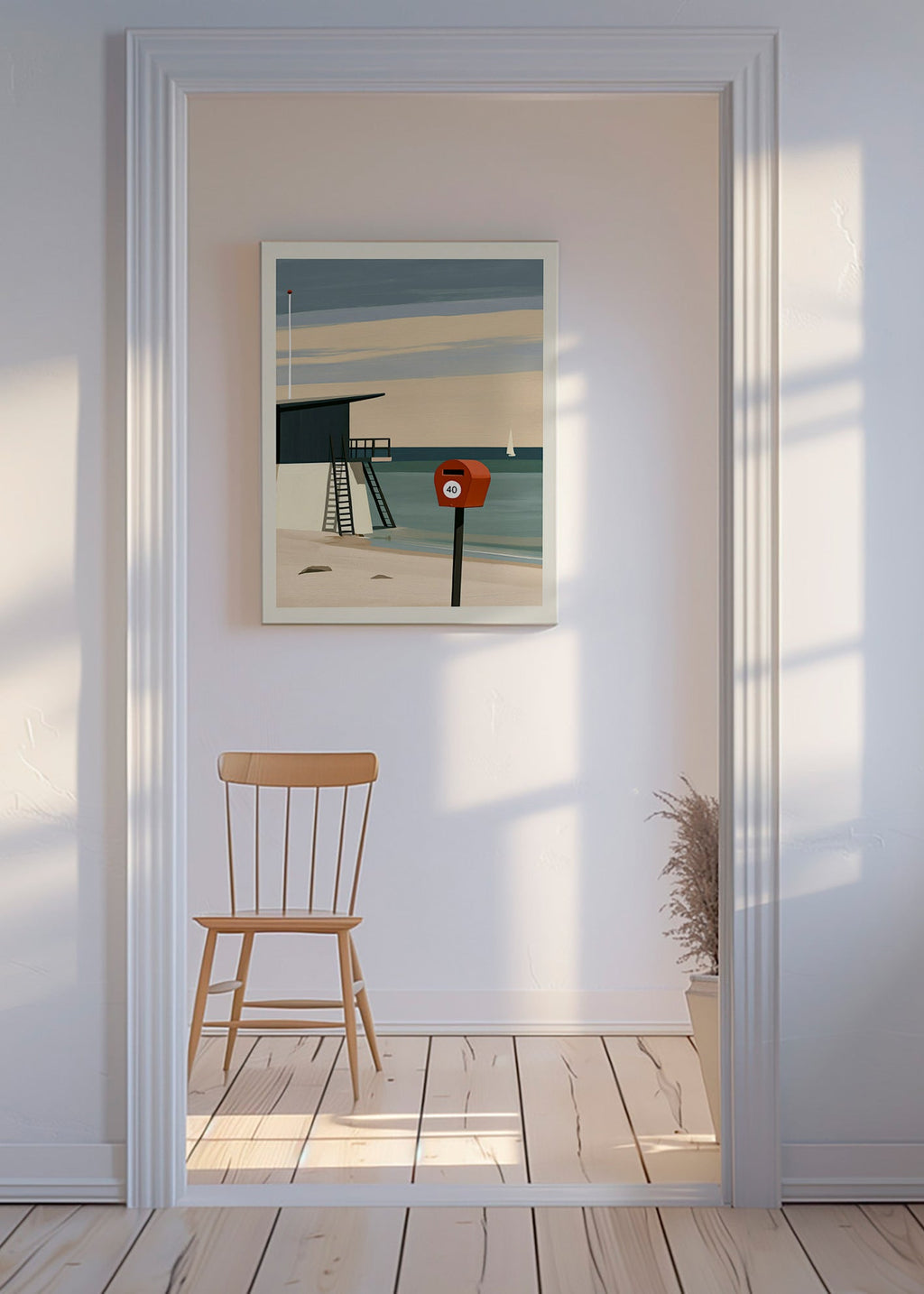 Quadro paesaggio con torre di vedetta e cassetta rossa