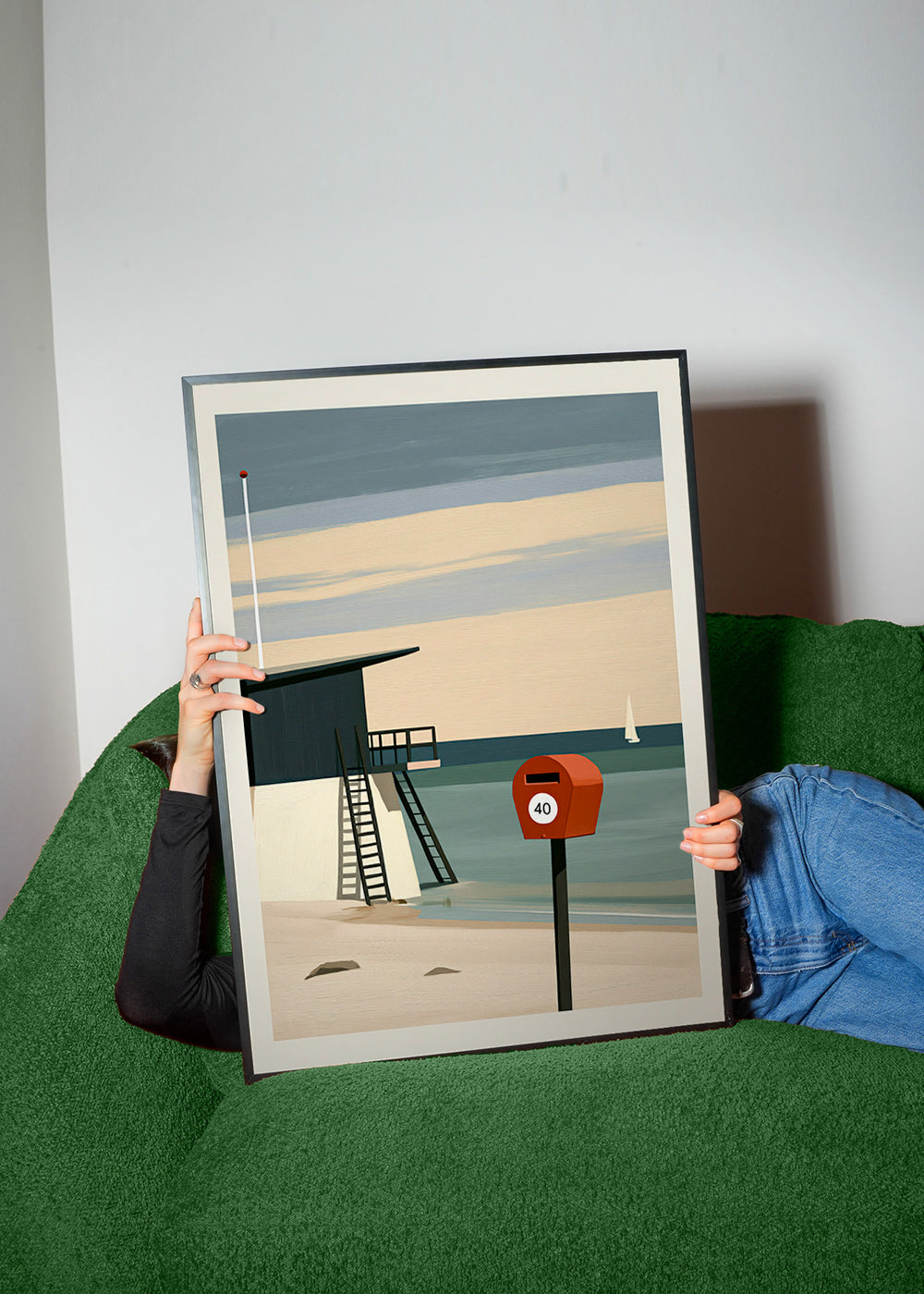Quadro paesaggio con torre di vedetta e cassetta rossa