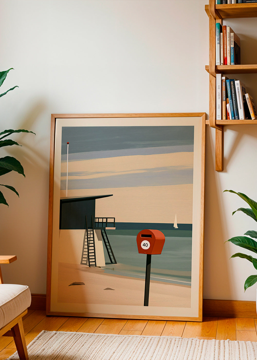 Quadro paesaggio con torre di vedetta e cassetta rossa