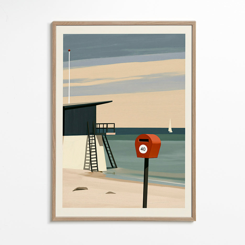 Quadro paesaggio con torre di vedetta e cassetta rossa