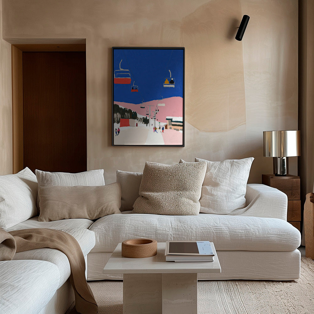Quadro paesaggistico con seggiole sciistiche e cielo blu