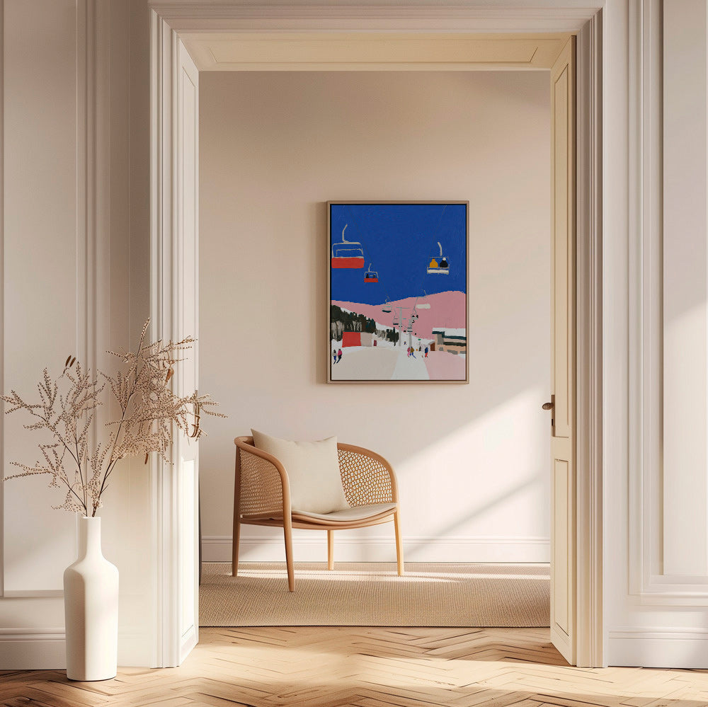 Quadro paesaggistico con seggiole sciistiche e cielo blu
