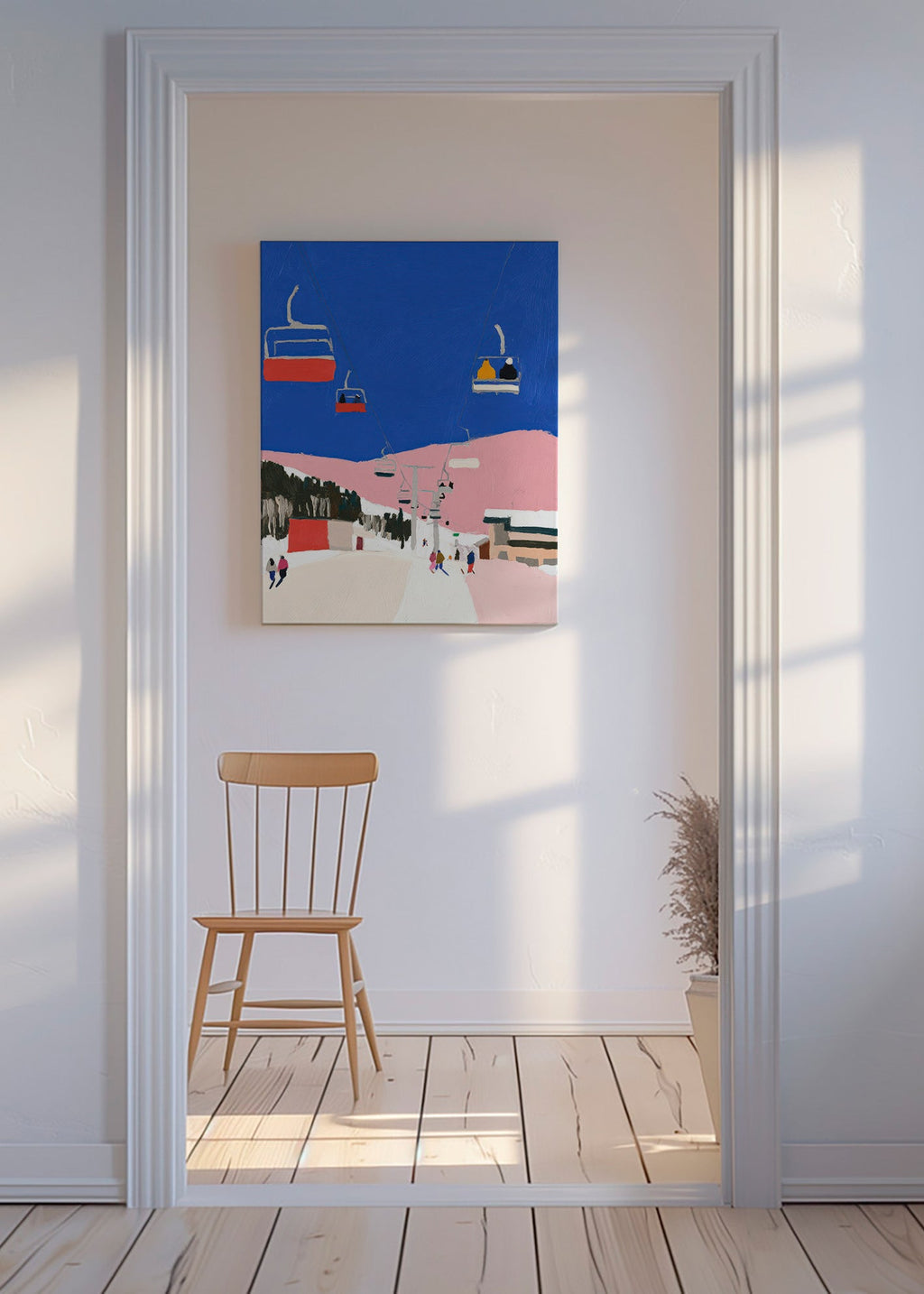 Quadro paesaggistico con seggiole sciistiche e cielo blu