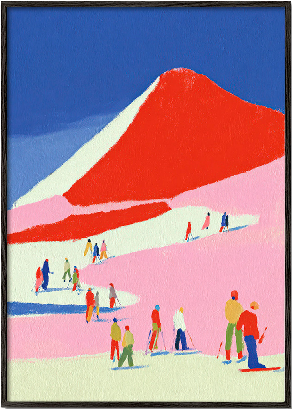 Arte paesaggistico: montagna rossa con sciatori