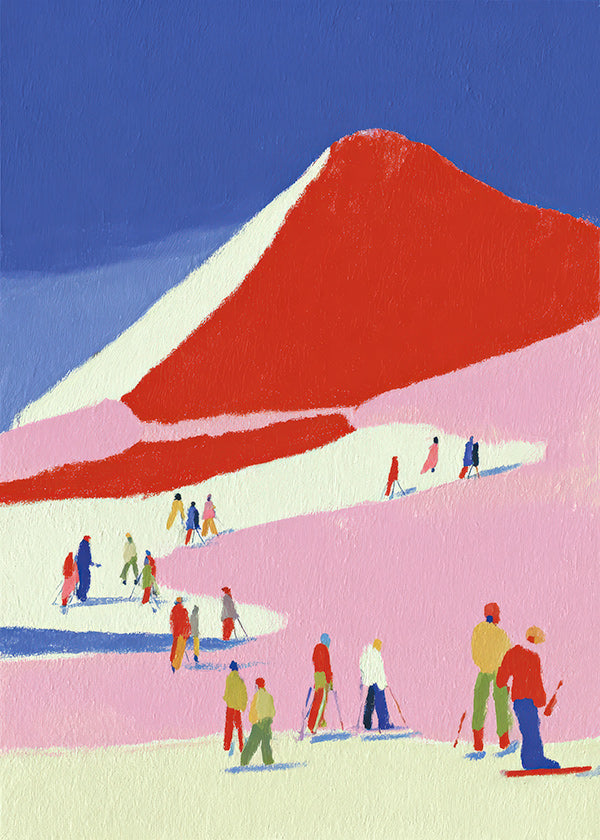 Arte paesaggistico: montagna rossa con sciatori