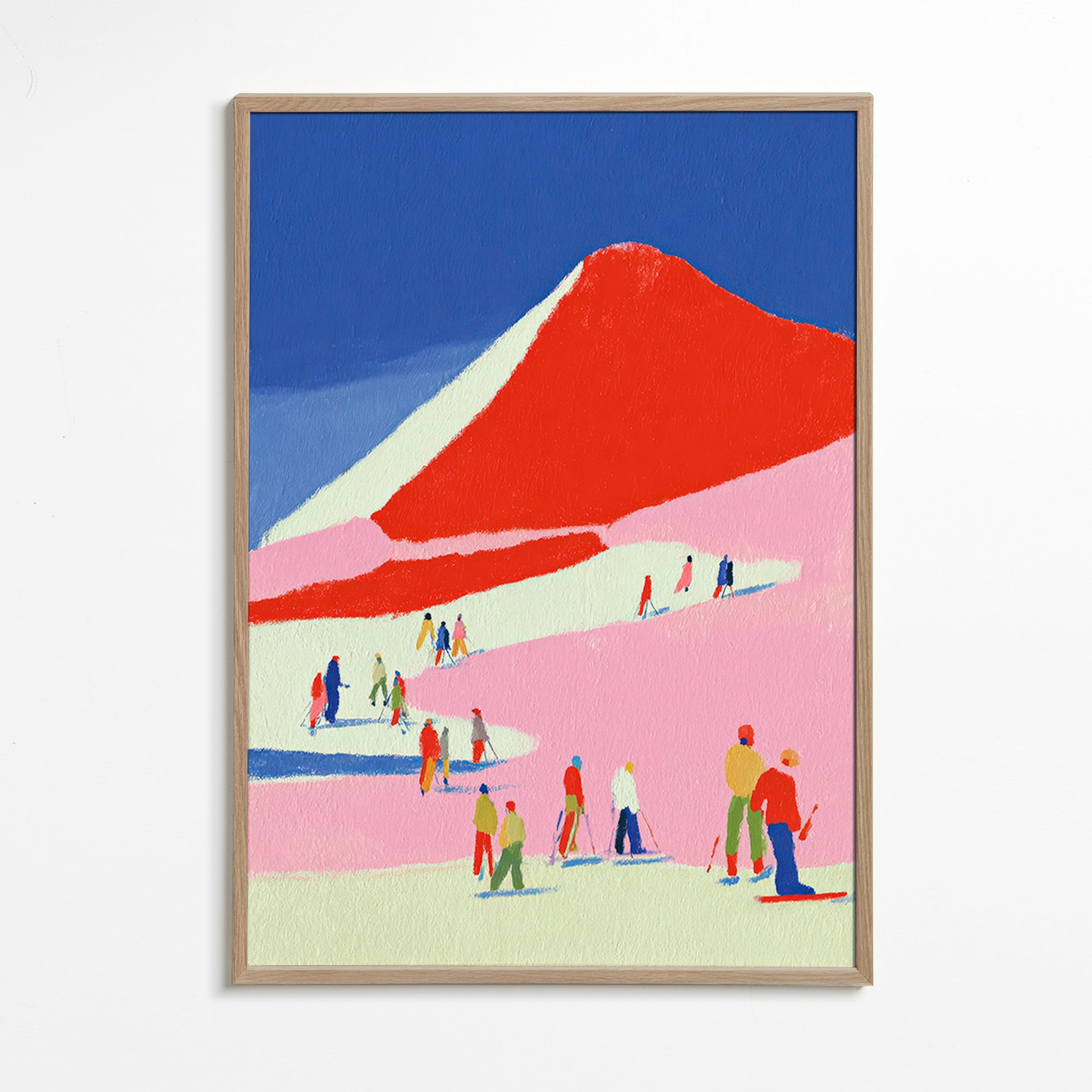Arte paesaggistico: montagna rossa con sciatori