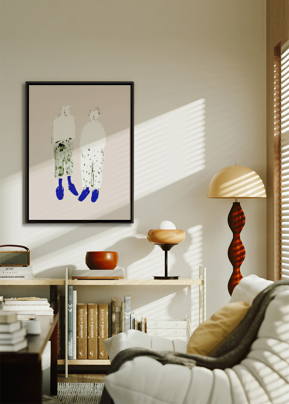 Illustrazione minimal di coppia con stivali blu