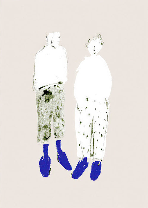 Illustrazione minimal di coppia con stivali blu