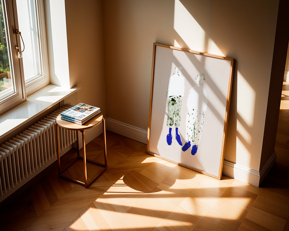 Illustrazione minimal di coppia con stivali blu